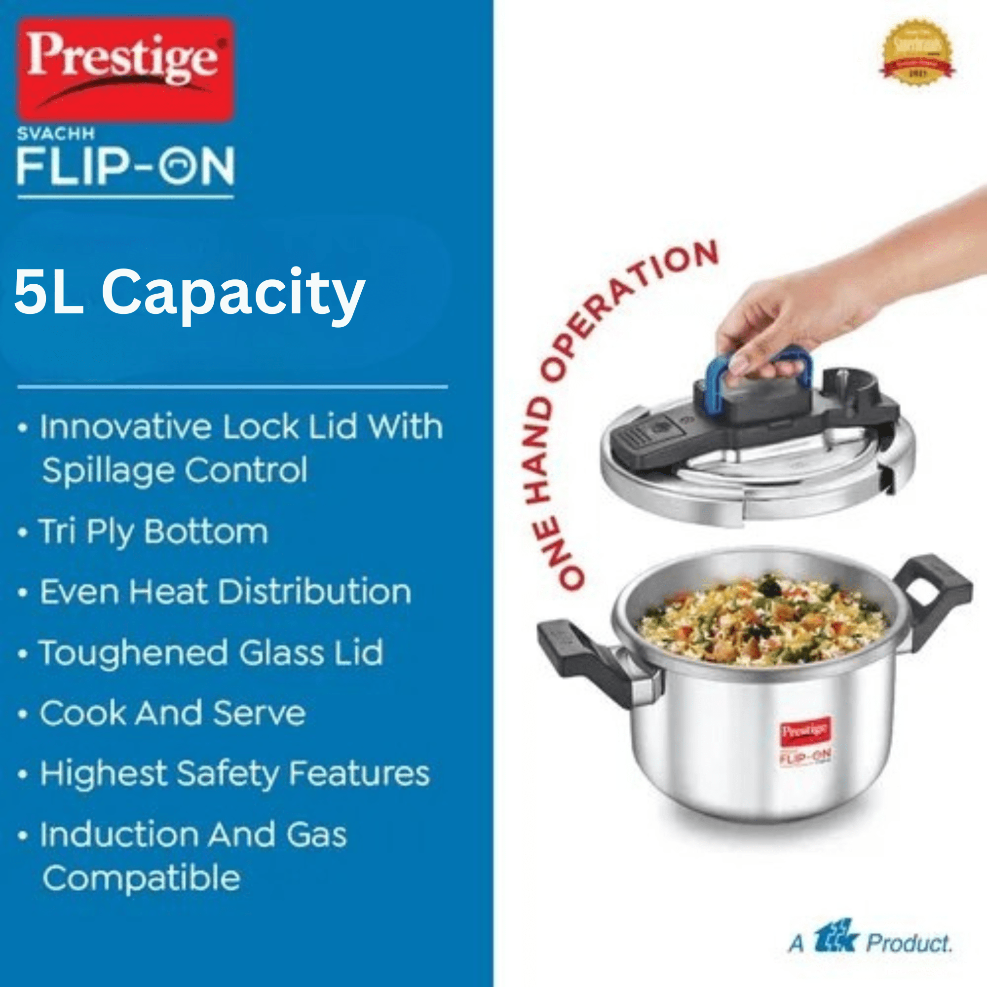 Prestige Svachh Flip-on Stainless Steel Pressure Cooker with Glass Lid, 5L, Silver