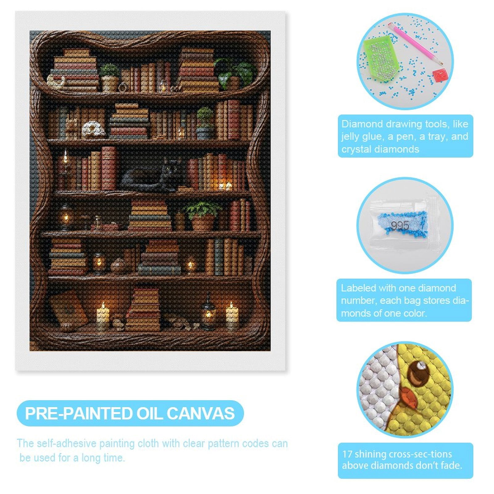 Diamond Art Kits for Adults, Bookshelf Black Cat Candles Skull 5D Diamond Painting Kits for Adults Beginners, DIY Full Drill Diamond Painting, Gem Art and Crafts 12x16