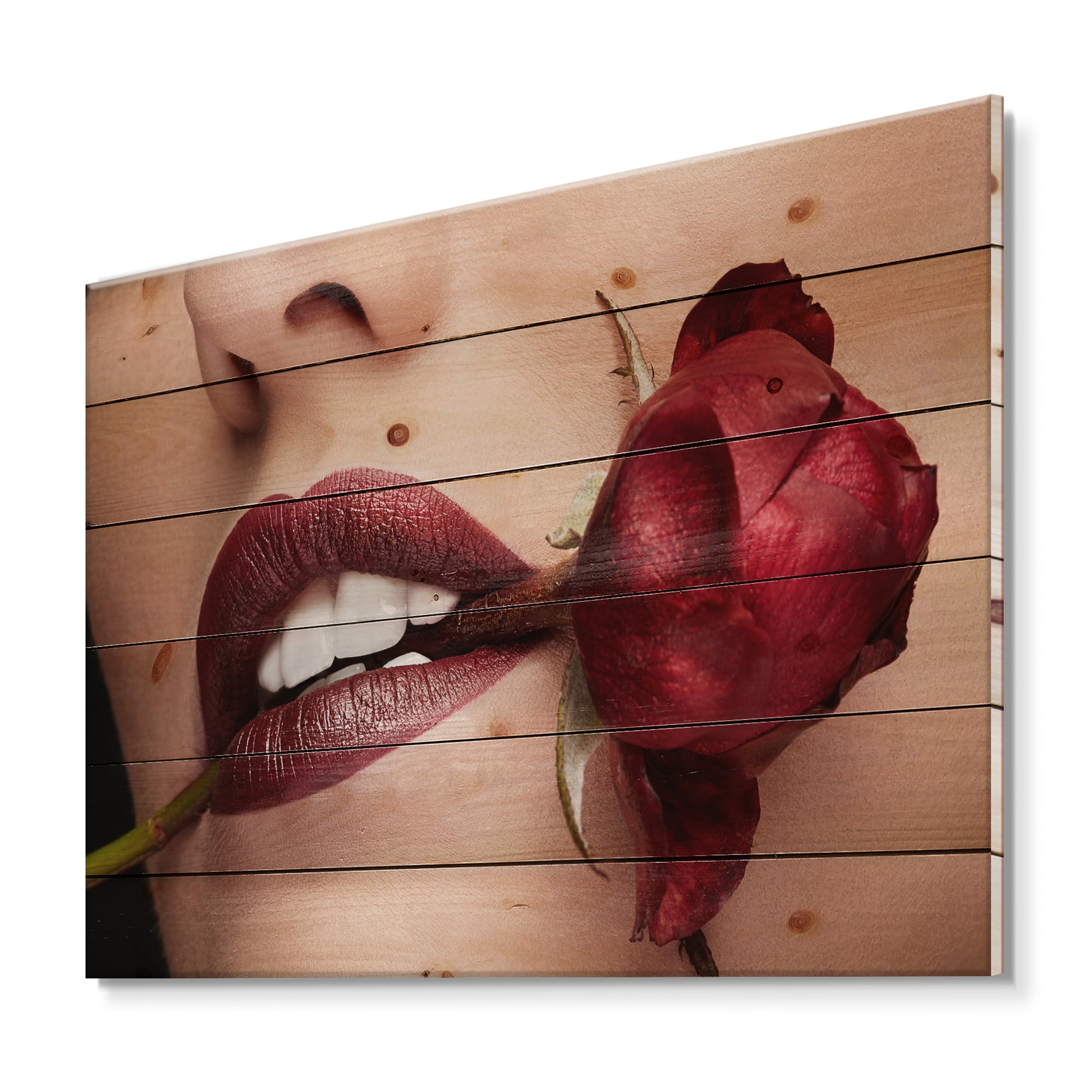 Designart 'Girl With Red Lipstick Holding A Rose In Mouth' Modern Print on Natural Pine Wood