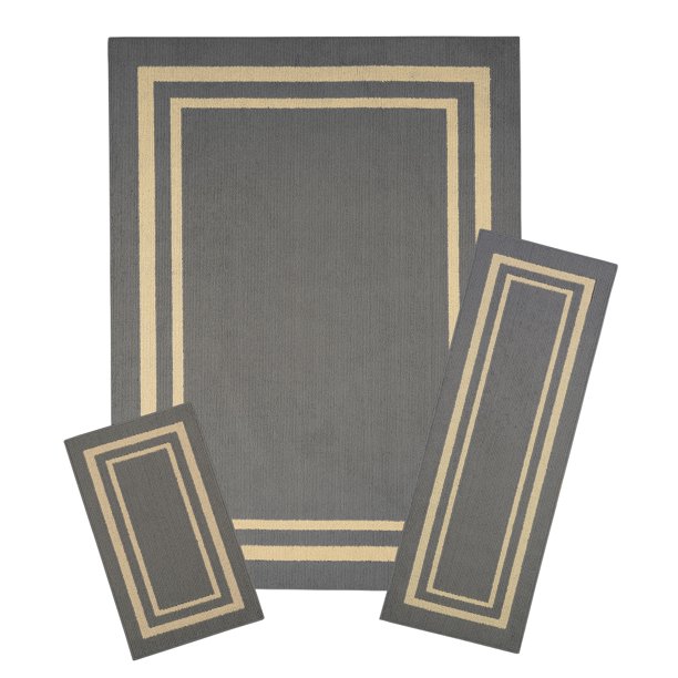 Mainstays Traditional Frame Border Loop Pile Area Rug Set, Gray, 3Piece