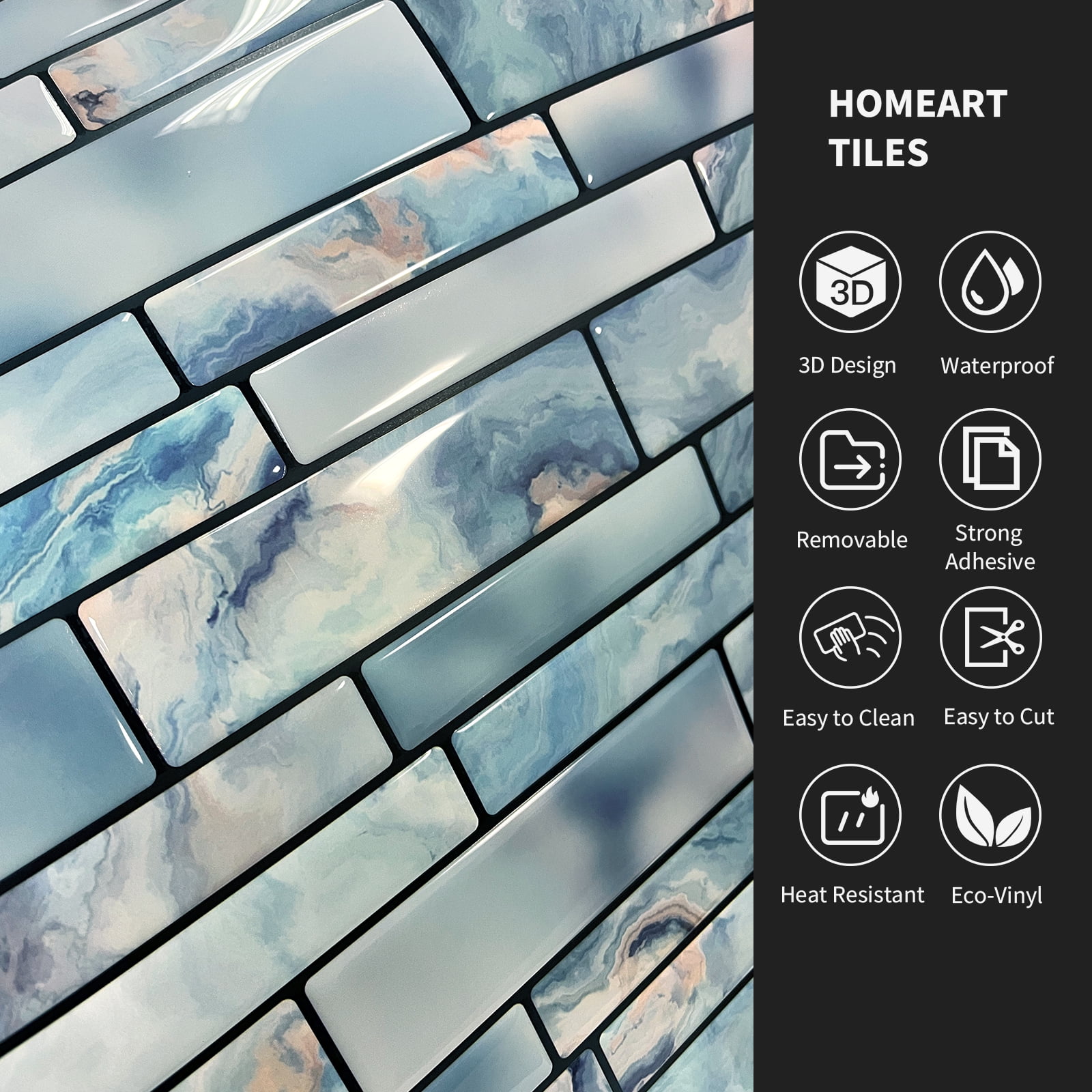 10-Sheet Peel and Stick Backsplash Subway Tile, 12"x12" Blue Marble Stone Design Self Adhesive Wall Tiles for Kitchen Bathroom