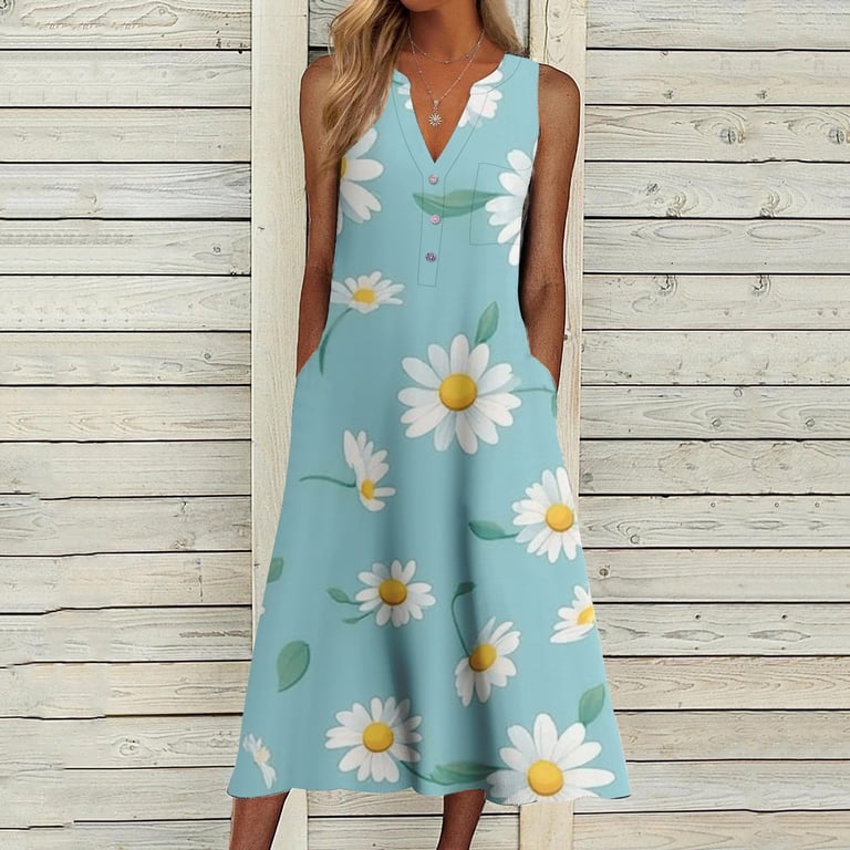 YAYUBA Party Dresses for Women Casual Loose V Neck Sleeveless Button Up  Small Daisy Print Pocket Dress Resort Wear for Women