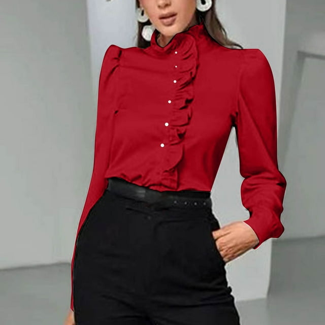 JMKQLZ Mode Blouse Décontractée à Manches Longues pour Femmes, Col Montant, Boutons Solides