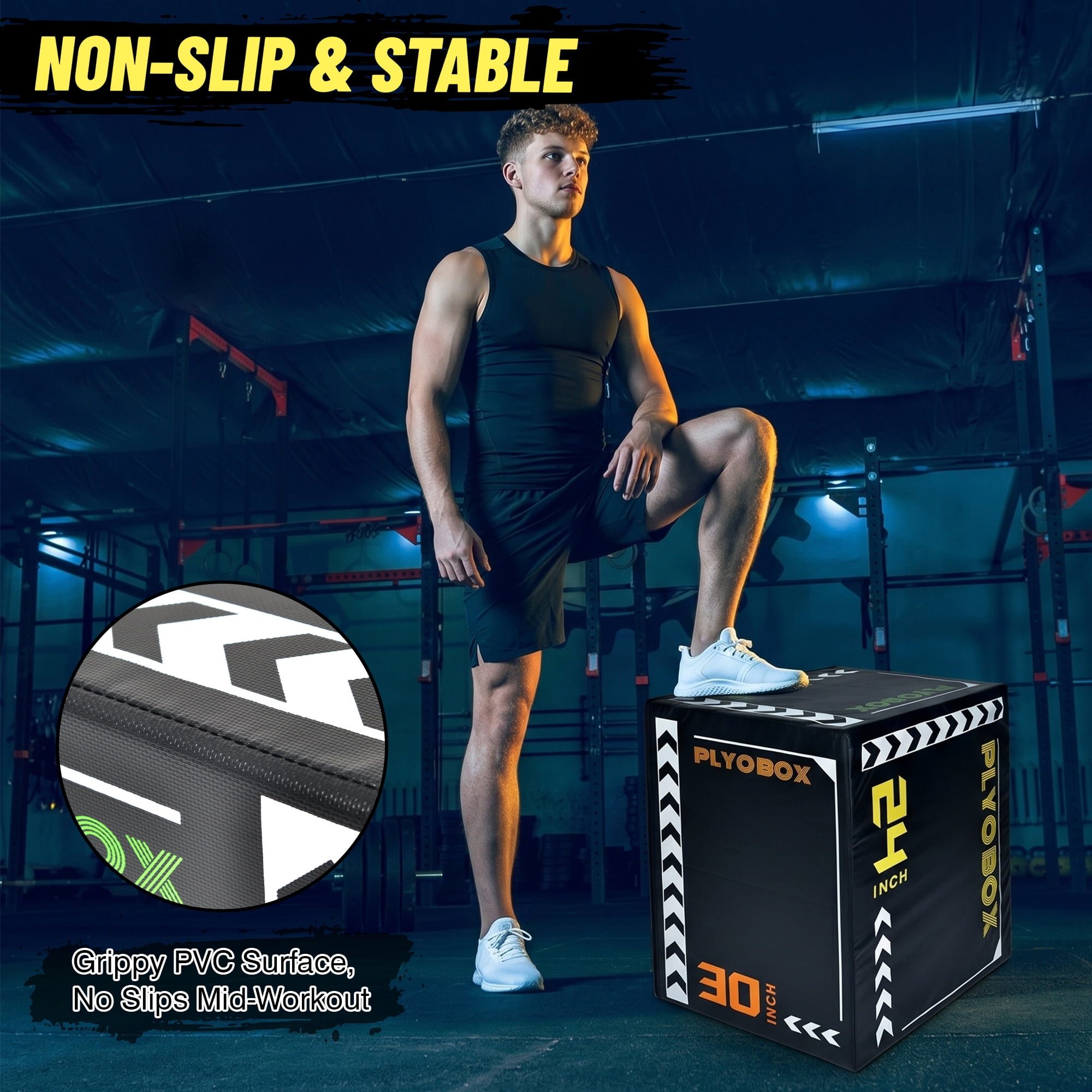 Leumius 3-in-1 Foam Plyometric Jump Box for Home Gym,20/24/30 Inch Multiple Height Options,Versatile Plyo with Non-Slip Surface for Strength, HIIT, Step-Ups, and Agility Training,Black