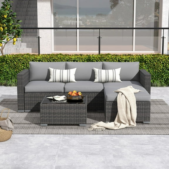 Modern Outdoor Patio Furniture Set，5-Piece Gray Wicker Sectional Sofa, with Gray Cushions and Coffee Table, Perfect for Gardens, Patios, and Backyards