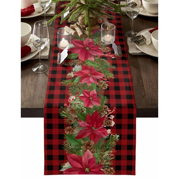Christmas Table Runner Pine Cones Poinsettia Table Runners Berry Holly Leaves Red Plaid Cotton Linen Dresser Scarf Kitchen Dining Table Decor for Christmas Holiday Party Decor 13x90 Inch