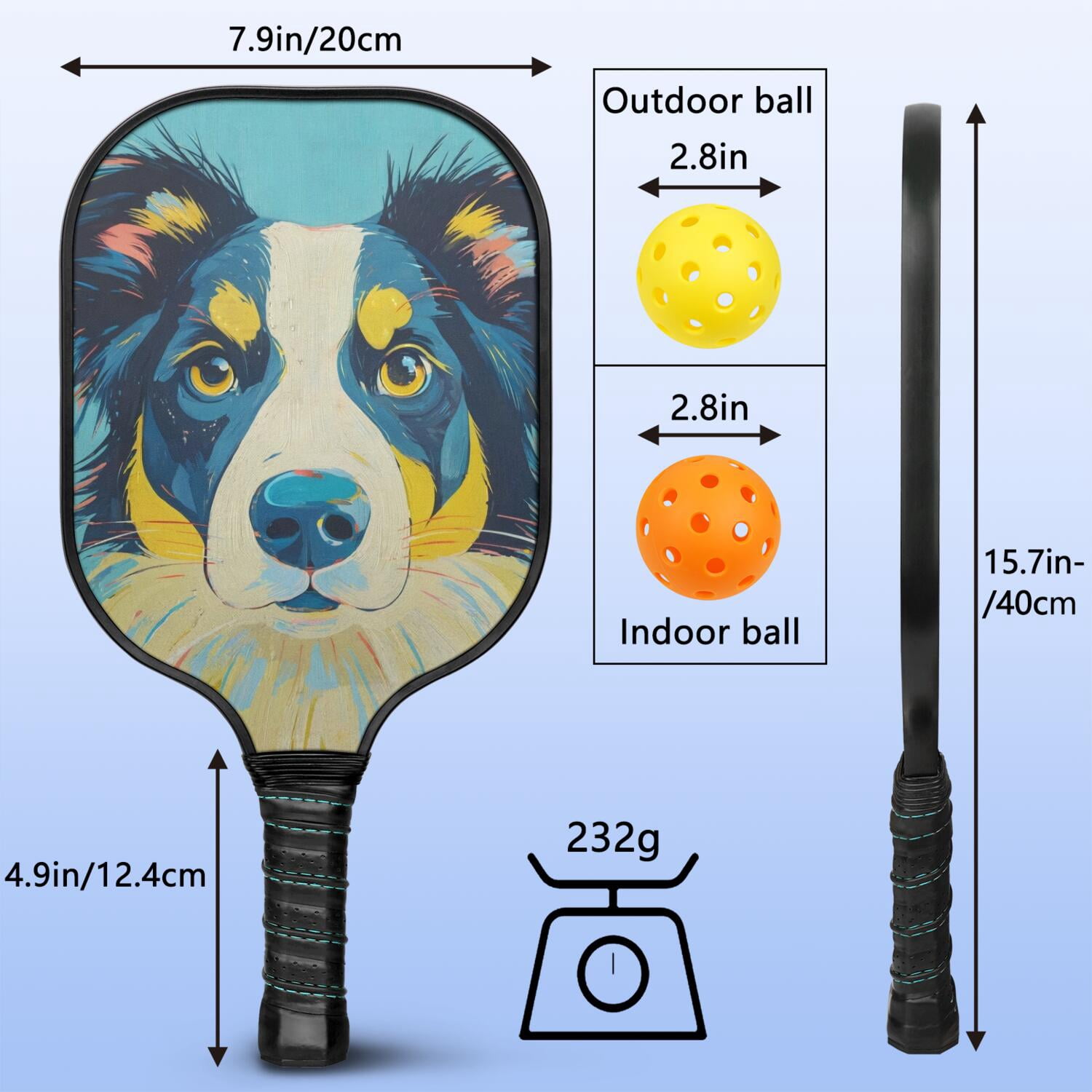 Pickleball Paddles Set Of 2, Fiberglass Surface, Astonished Dog Print, 4 Balls & Bag
