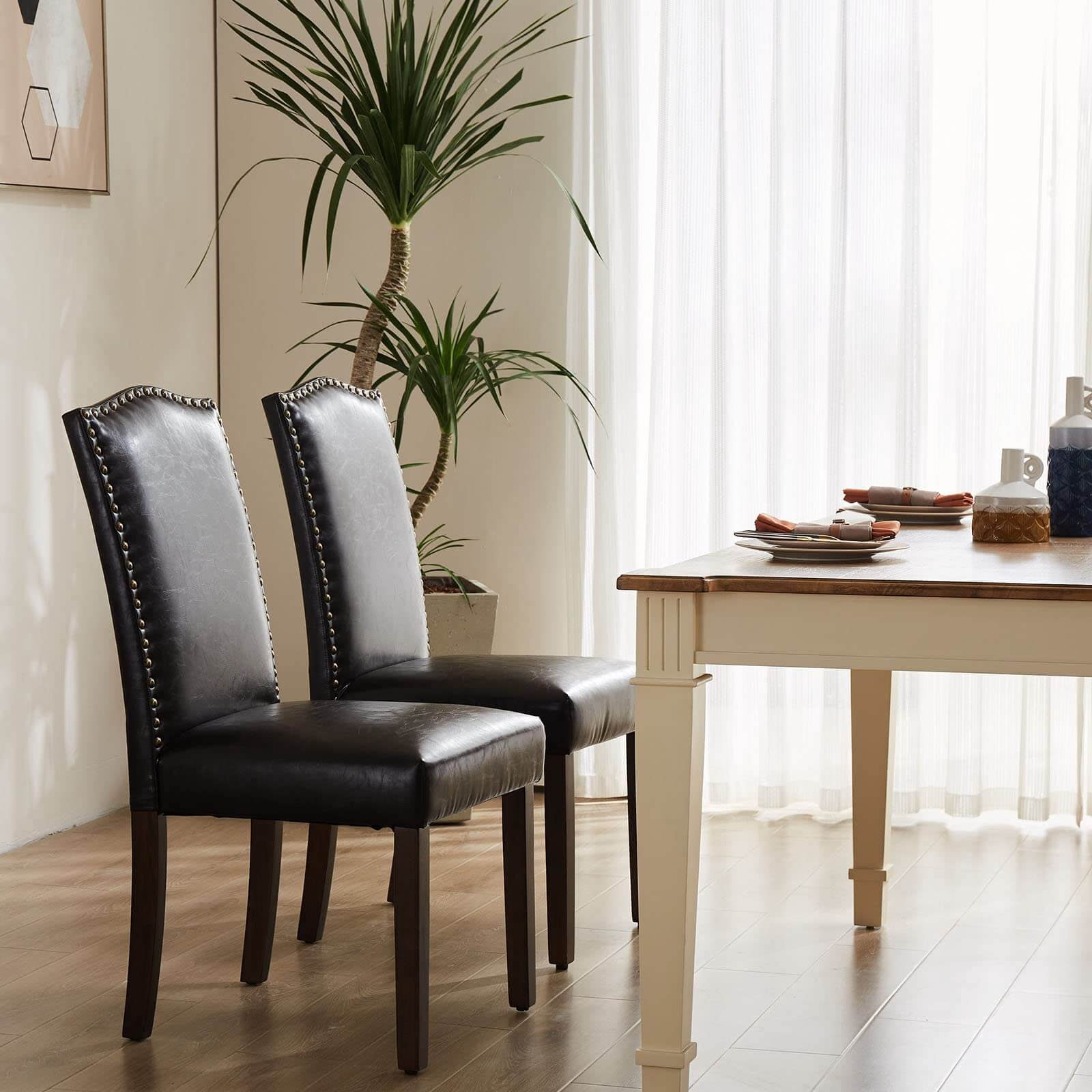 Aukfa Dining Chairs Set of 2, Kitchen Dining Room Chairs Side Chairs with Nailhead Trim Brown