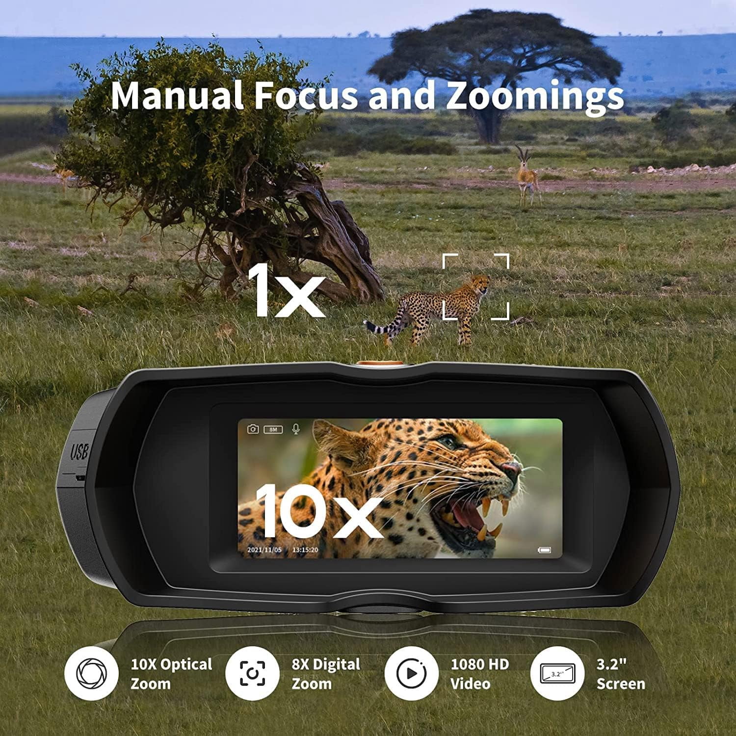 Night Vision Binoculars, Digital Infrared, 10X Optical Zoom, HD Photo & 1080P Video, IP56 Waterproof