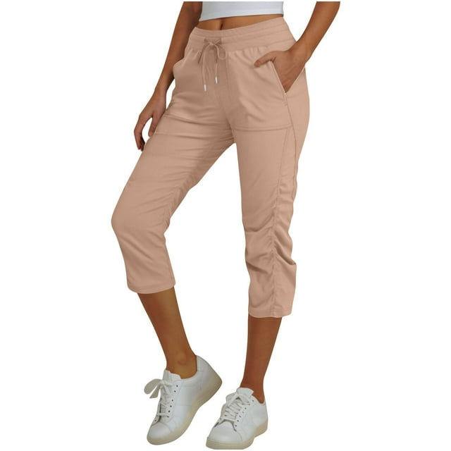 Timegard Capri Pants for Women Summer Drawstring Elastic High Waist Side Loose Fitting Ruched Cropped Cargo Pants