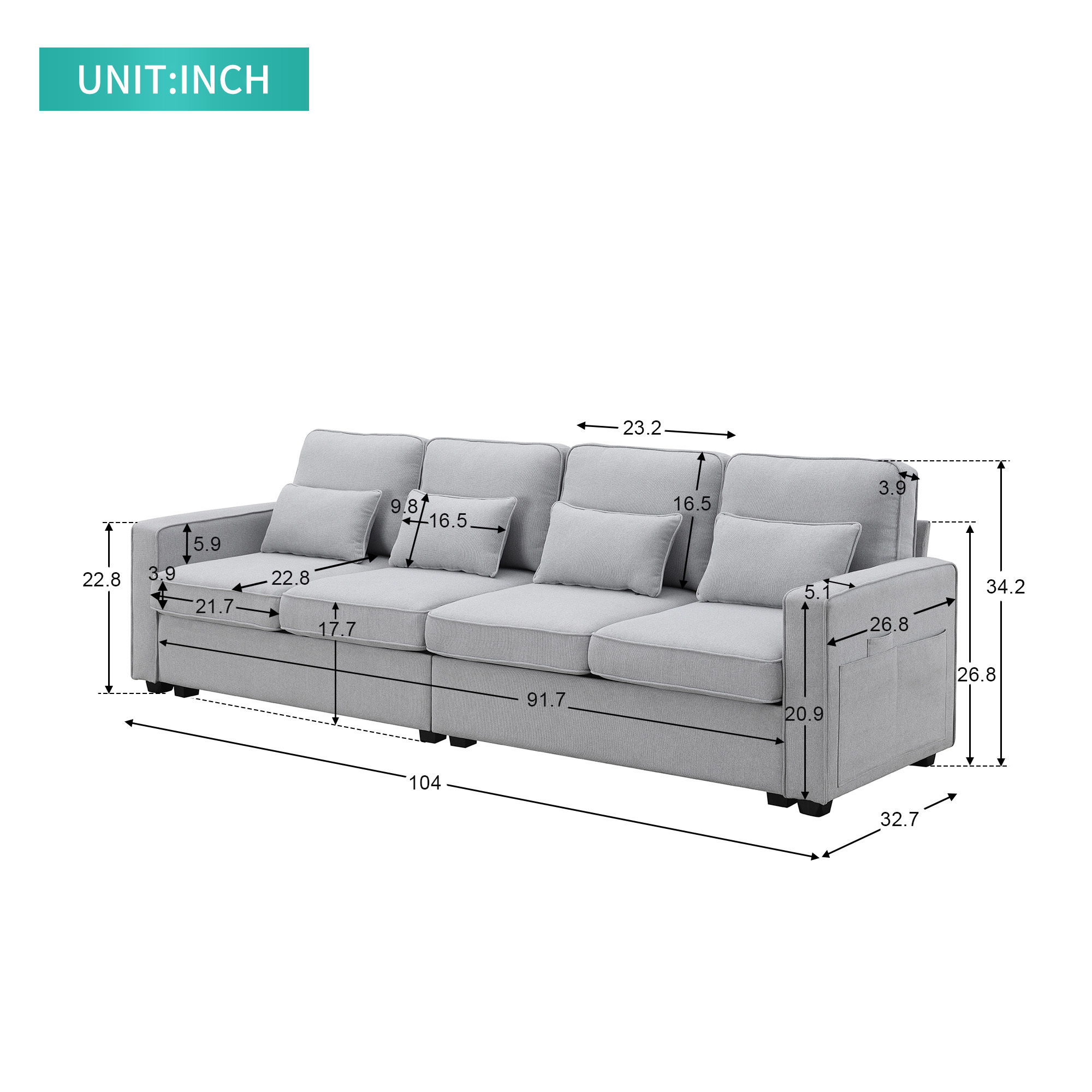 Leumius 104" Sectional Sofa, Modern Linen Fabric 4-Seater Sofa Couch with 4 Pillows, Minimalist Style Couch for Living Room, Apartment, Office, Light Gray