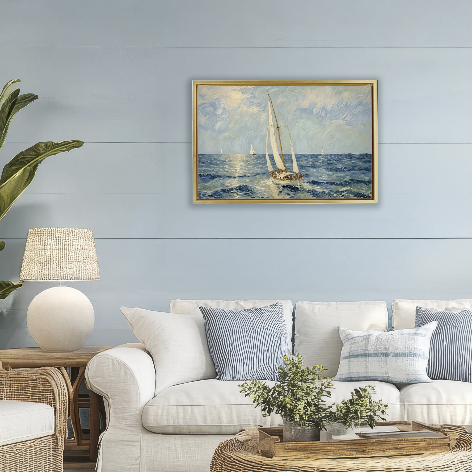 Stupell Industries Sailing Yacht on Blue Sea Gold Framed Floater Canvas Wall Art, design by Angie Hawke