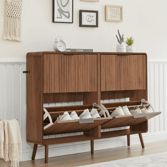 MIYZEAL Fluted Large Shoe Cabinet with 4 Flip Drawers, Narrow Shoes Storage for Entryway, 47" Freestanding Shoe Storage Organizer Cabinet, 5 Sturdy Legs (Walnut)
