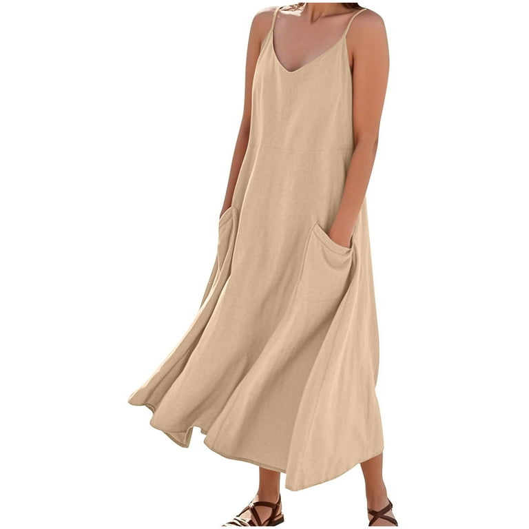 Linen Dresses for Women Sleeveless Adjustable Spaghetti Strap