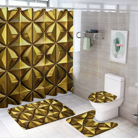 Golden Metallic 4 Pcs Bathroom Shower Curtain Set, Bathroom Sets with Rugs (Bath Mat, U Shape and Toilet Lid Cover Mat) and 12 Hooks,