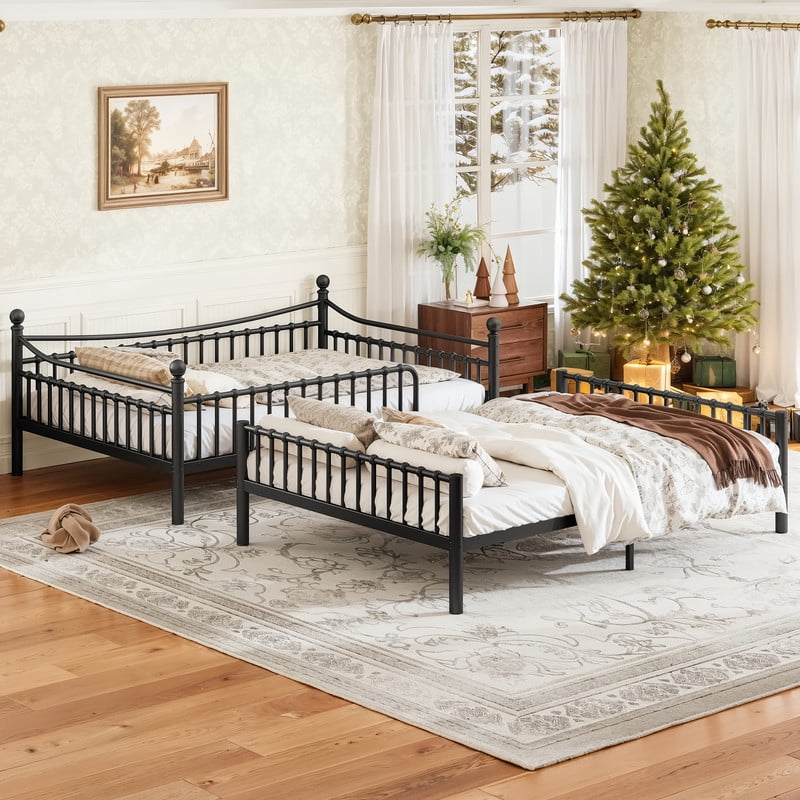 Full over Full Metal Bunk Bed with Curved Guardrail, Round Tube Bedpost Detachable Bed Frame for Kids, Teens & Adults
