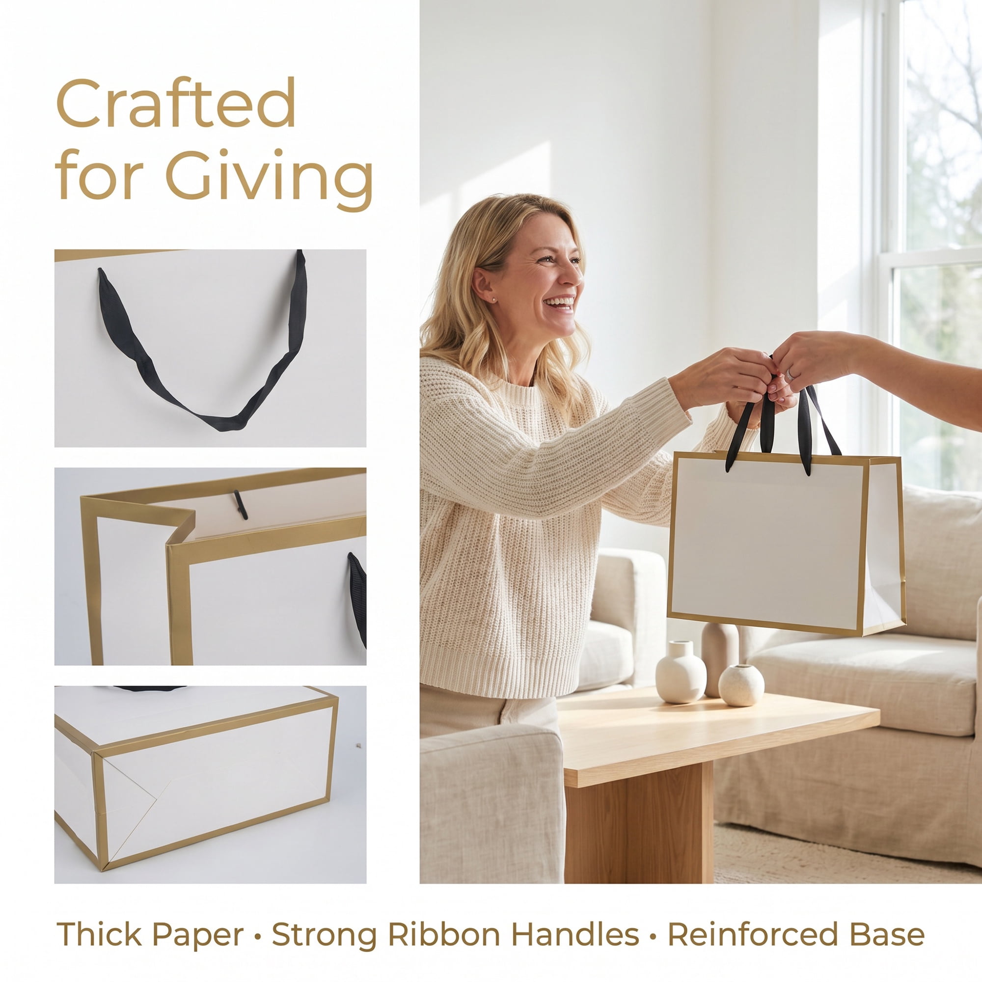 Unique Bargains Sturdy Thick Horizontal Paper Gift Bags White Gold 12.6" x 4.3" x 9.8"