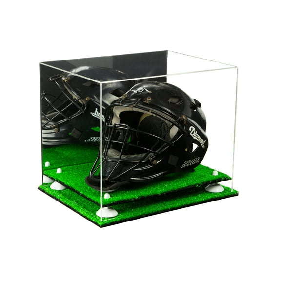 Deluxe Acrylic Catchers Helmet Display Case with White Risers, Mirror and Turf Base (A002-WR)