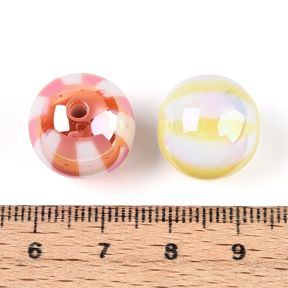 UV Plating Opaque Acrylic Beads Iridescent Round with Stripe Mixed color 12x11~11.6mm Hole: 2.5mm