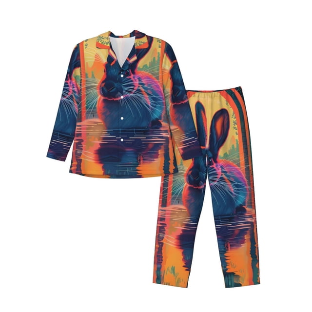 Lsque Neon Rabbit In Archway Pattern Long Sleeve Pajama Set for Men - Soft 2-Piece Sleepwear and Loungewear Set with Pockets, Comfy Nightwear-Small