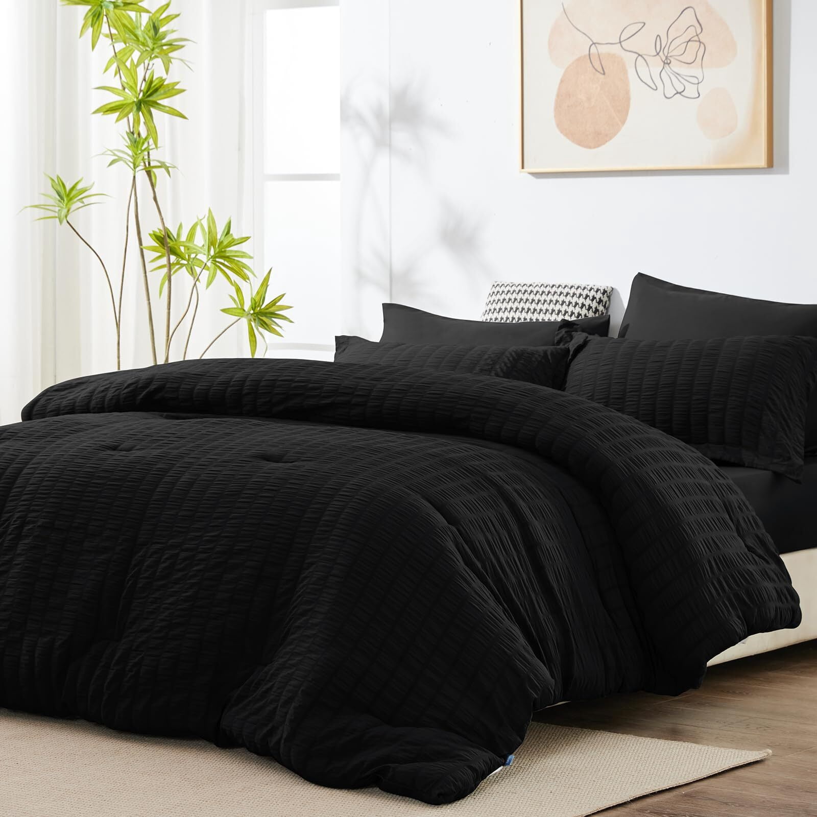 JUSTLET Queen Seersucker Comforter Set with Sheets Black Bed in a Bag 7-Pieces All Season Bedding Sets with Comforter, Pillow Sham, Flat Sheet, Fitted Sheet, Pillowcase