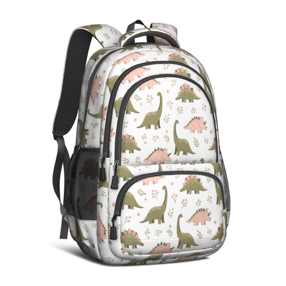 Dinosaur and Floral Off White Pattern Cute School Backpack Bag with Padded Back and Adjustable Shoulder Straps 16.9 X 12.6 X 5.9 Inches