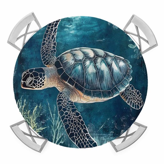 Nautical Sea Turtle Round Tablecloth for 36-44 Inch Tables, Fitted Table Cover with Elastic Edge, Coastal Vintage Ocean Shells Waterproof Outdoor Table Cloth Protector for Patio Garden Dinner Picnic