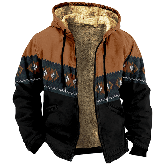 Men's Winter Print Hooded Jacket, Ethnic Pattern Fleece-Lined Thick Casual Zipper Coat for Outdoor Leisure and Holiday Gift,Black,L