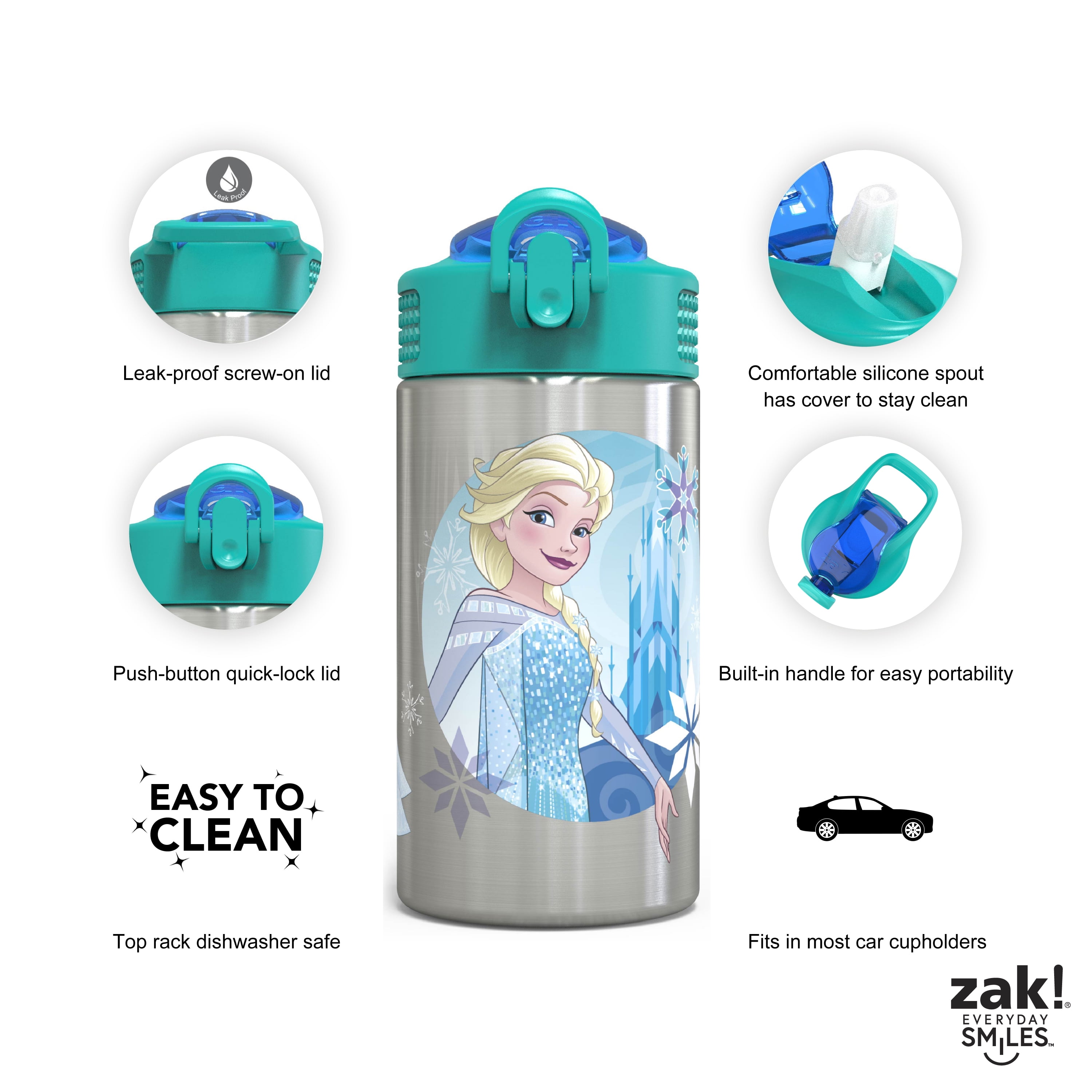 Zak Designs 15.5 oz Disney's Frozen Kids Water Bottle Stainless Steel with Push-Button Spout and Locking Cover, Elsa & Olaf