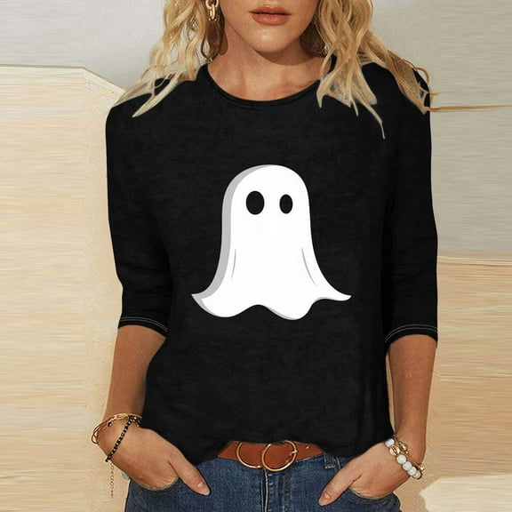 Jsaierl Womens Halloween Shirts Plus Size Pumpkin Ghost Graphic Tees Trendy Round Neck T-shirt 3/4 Sleeve Tunic Blouse Tops Halloween Costumes
