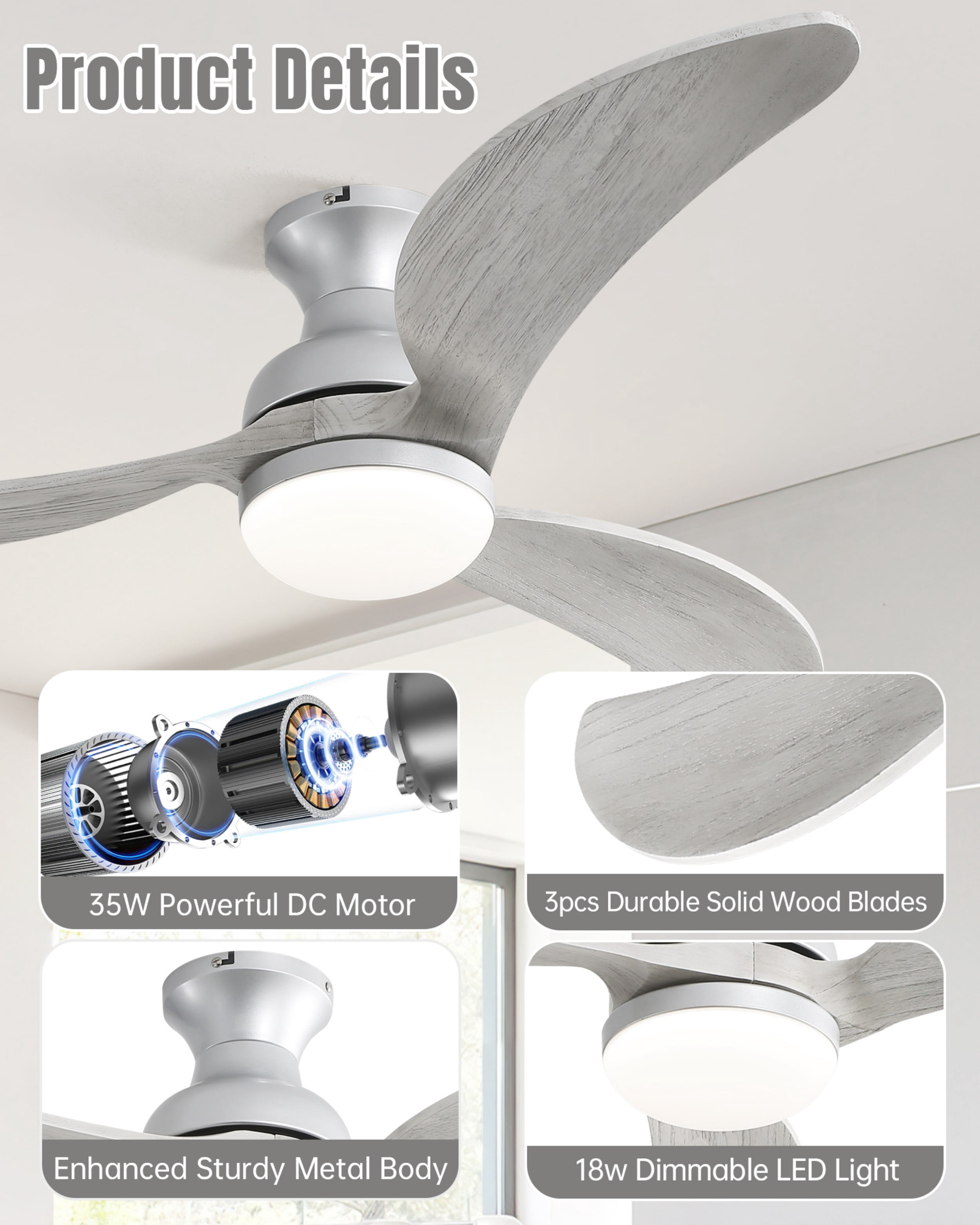 Sofucor 52" Smart Ceiling Fan with Light and Remote Phone Control Silver with Gray Blades