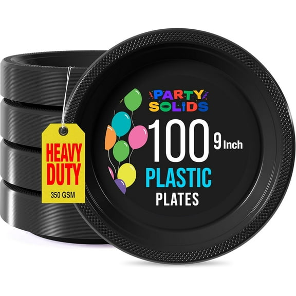 Exquisite Party Solids Black Plastic Plates For Party 9" Black Disposable Plates For Party Supplies 100 Pcs Plastic Dinnerware Sets Heavy Duty 350 GSM Disposable Dinnerware Set