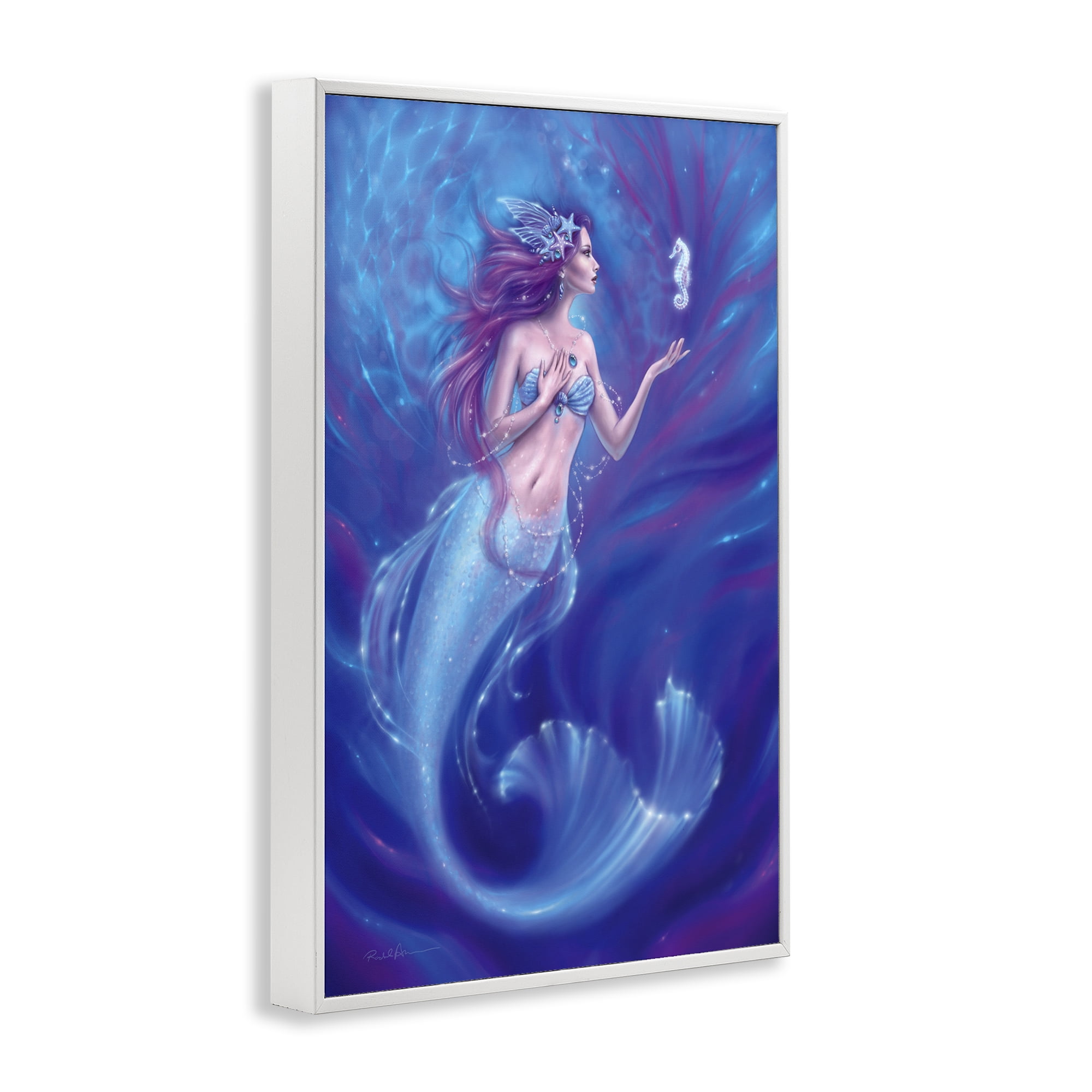 Jewel Bedecked Mermaid & Seahorse White Framed Giclee Art, design by Rachel Anderson