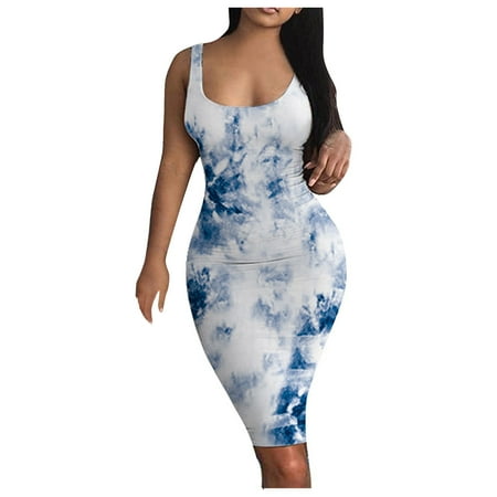 

Wedding Guest Dresses for Women Black Dress Women s Elegant Gradient Print Sleeveless Tight O-Neck Short Dress Summer Dresses Savings Clearance Deals Dresses for Women Bridesmaid Dresses Blue XL