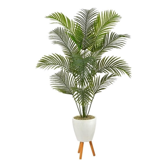 Nearly Natural 6.5' Golden Cane Artificial Palm Tree in White Planter with Stand