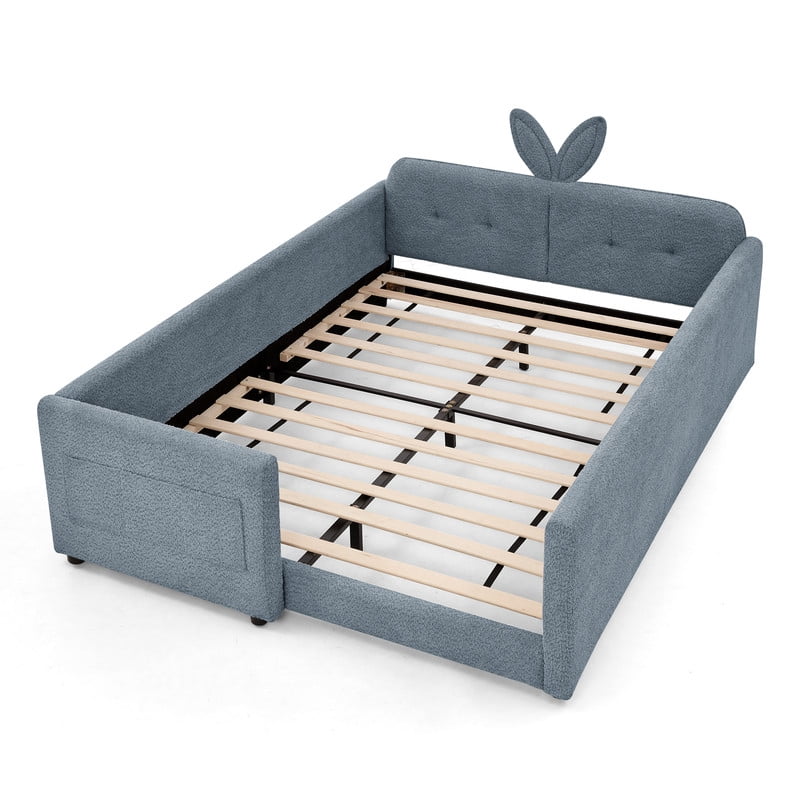 Full Size Upholstered Platform Bed with Rabbit Ear Shaped Headboard, Boucle Fabric Kids Bed with Side Pockets and Safety Guardrail, Space-Saving Corner Bed for Girls, Boys, Teenager