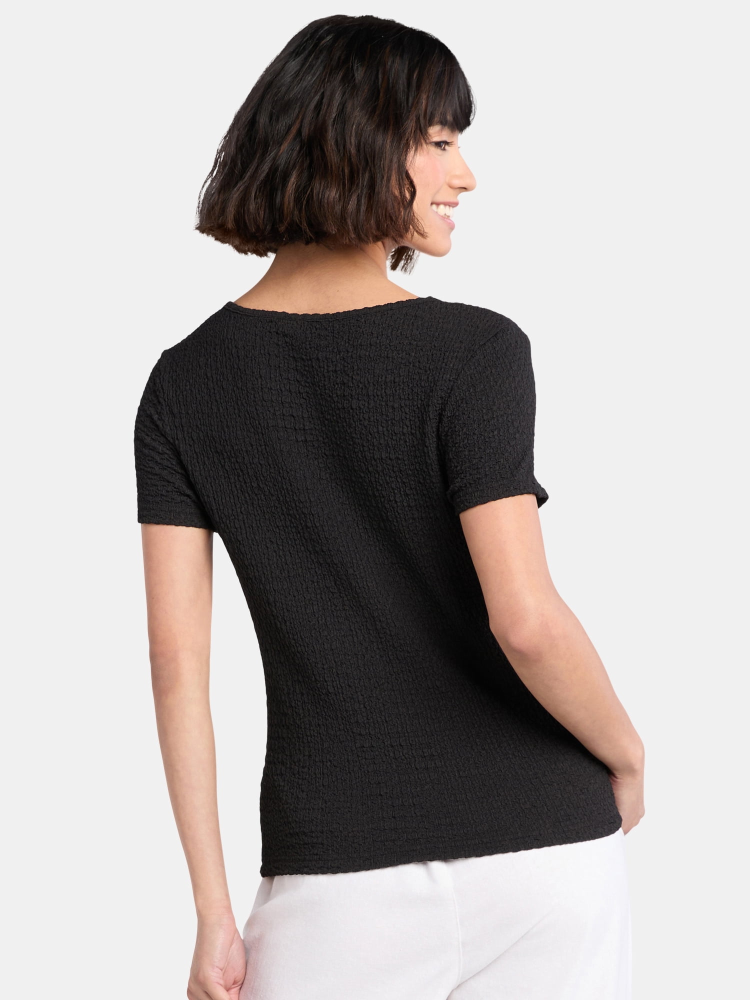 Time and Tru Women's Square Neck Pucker Tee with Short Sleeves, Sizes XS-XXXL