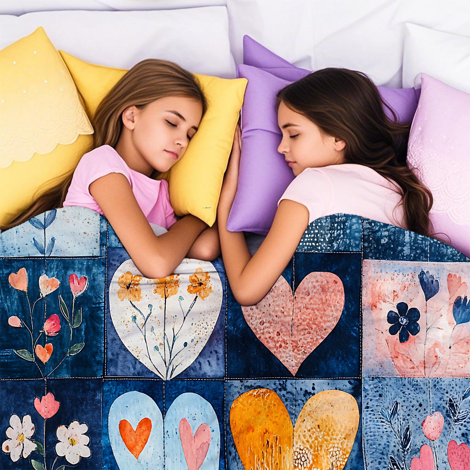 Sherpa Fleece Throw Blanket 50"x60" Reversible Plush Fluffy Blanket, Double-Layer Super Soft Flannel Blanket for Sofa, Couch, Bed, Patchwork Floral & Heart Pattern