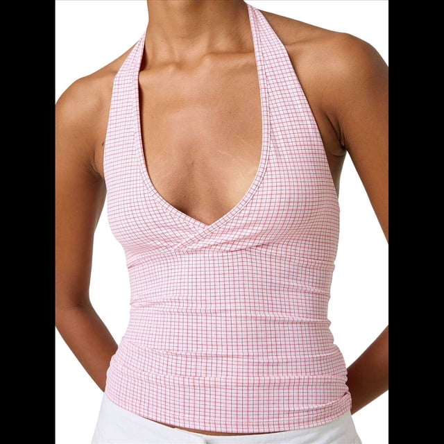 Tops Halter para Mujer, de Verano, con Escote en V Profundo, Sin Mangas, Color Negro, para Salir, Ropa Y2K Rosa S