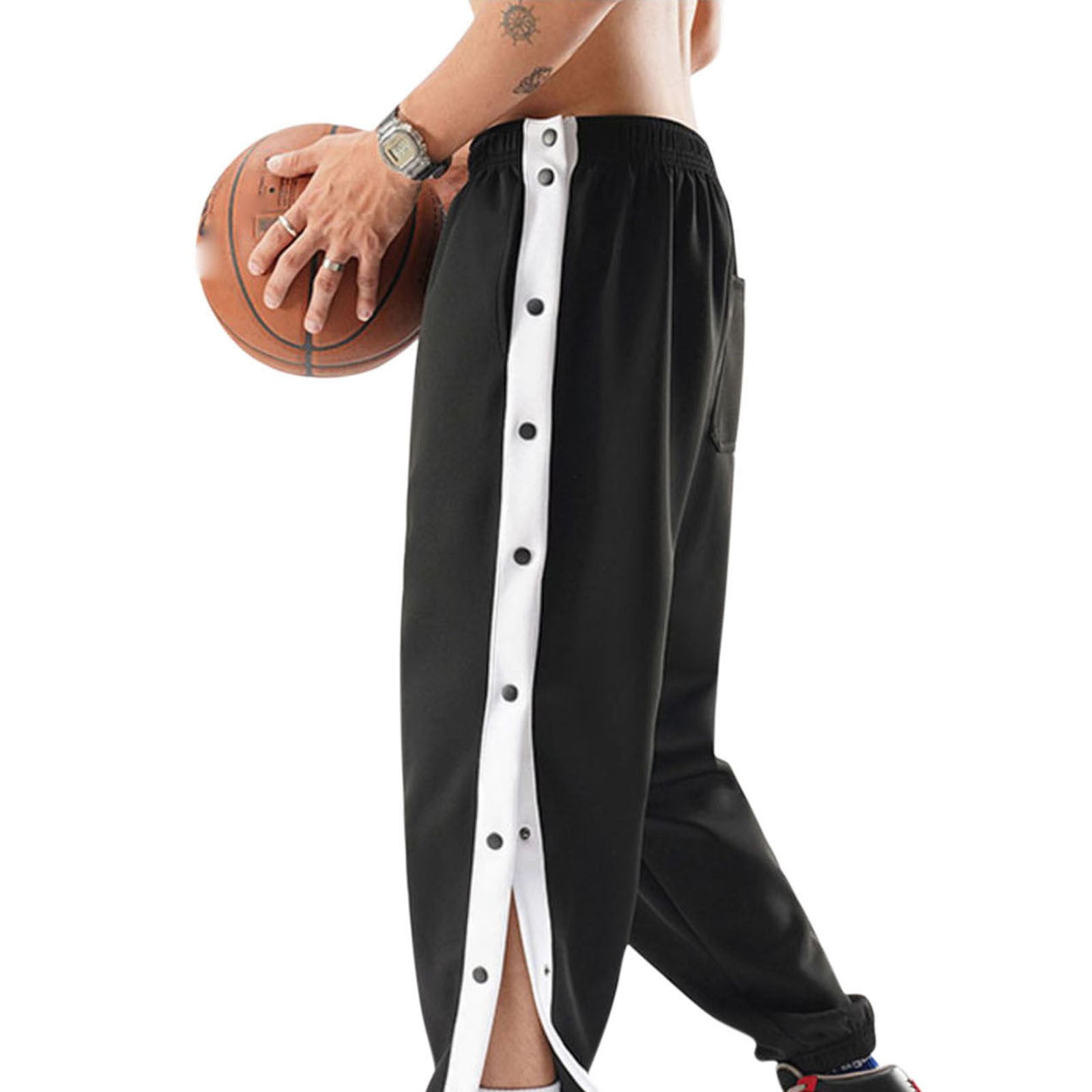 Mens Casual Pants Sides Bottons Sweatpants Loose Fit Trousers Basketball  Bottoms | eBay