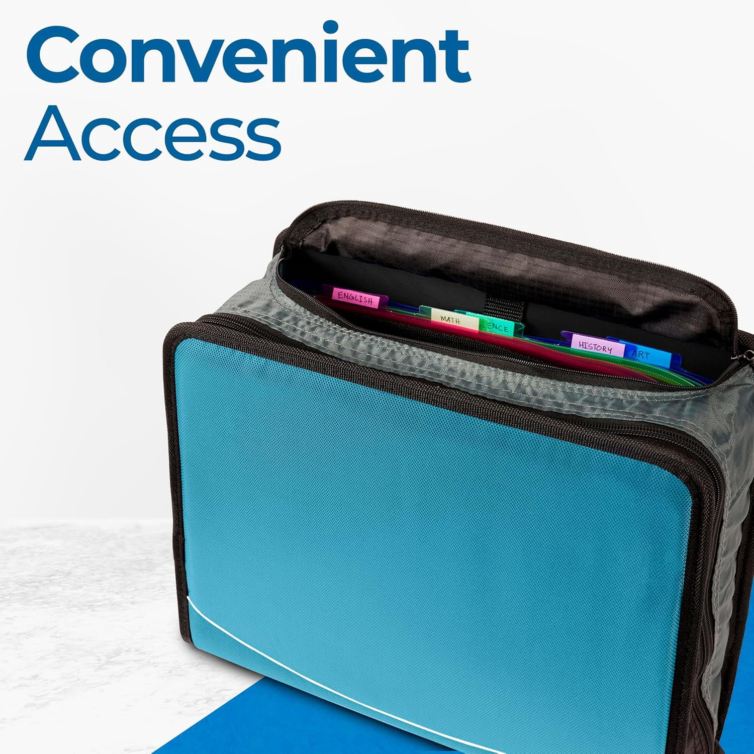 Case-it The Mighty Zip Tab Zipper Binder - 3 Inch O-Rings - 5 Color Tab Expanding File Folder - Multiple Pockets - 600 Sheet Capacity - Comes with Shoulder Strap - Aqua Marine D-146