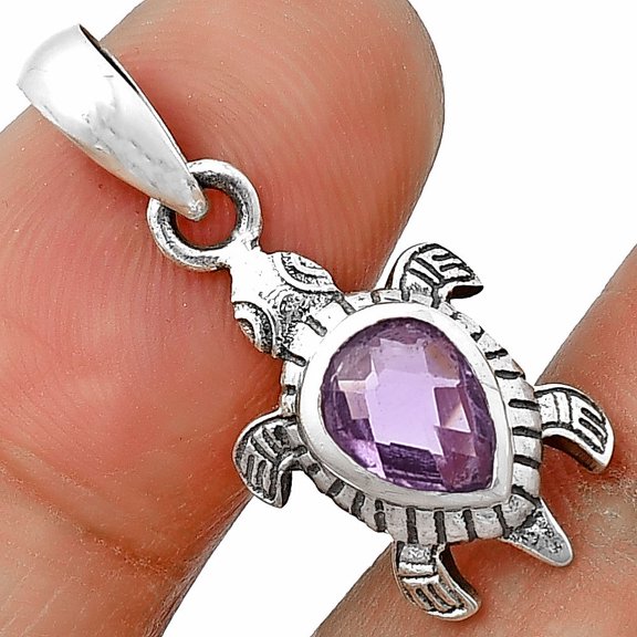 Tortoise - Amethyst Checker - Brazil 925 Sterling Silver Pendant Jewelry DGP1011_A P-1015