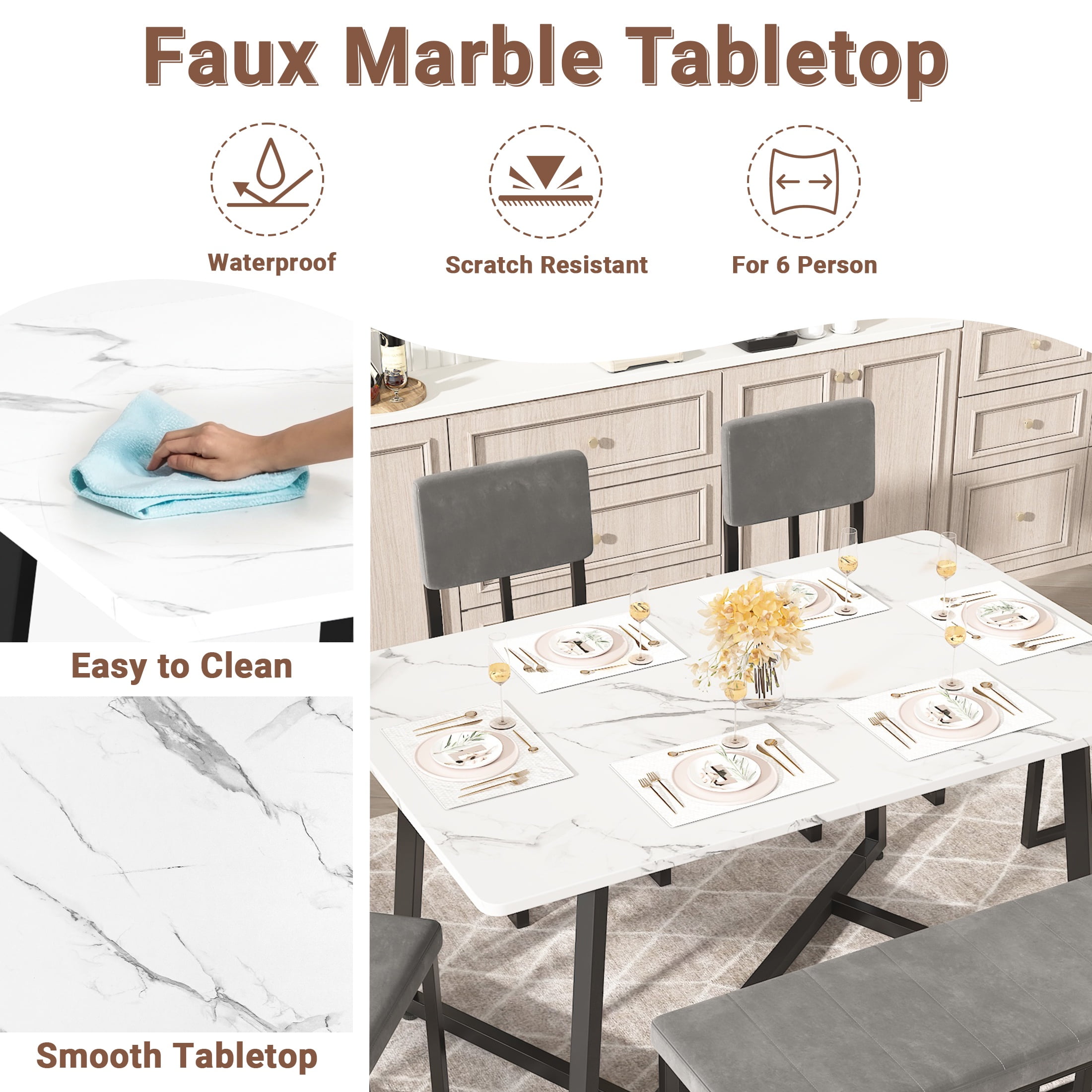 PORKISS Dining Room Set for 6, Modern Dining Table Set for 6 with Faux Marble Table, 4 Velvet Chairs and 1 Cushion Bench, Metal Frame, White + Gray + Black