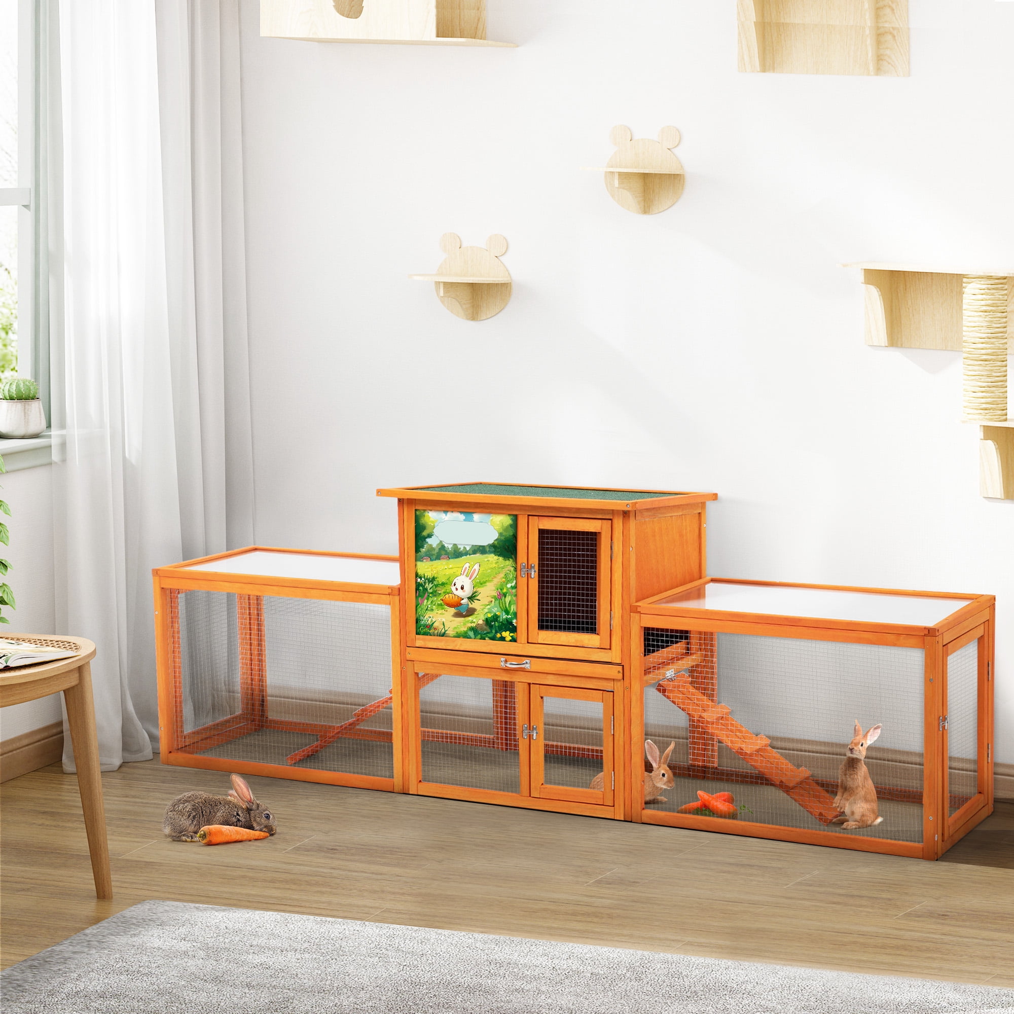 94'' Large Wood Rabbit Hutch Guinea Pig House 2-Tier Bunny Cage Chicken Coop Ramps Orange