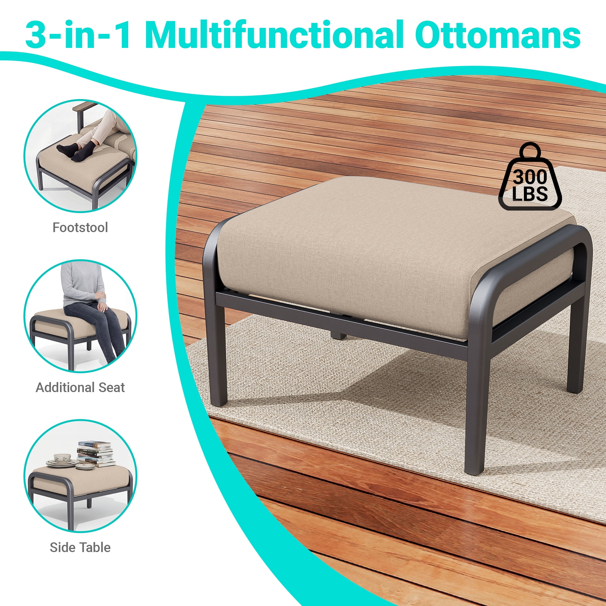 Muphyers 7 Piece Aluminum Outdoor Patio Furniture Set, 55000 BTU Propane Fire Pit Table, Sectional Sofa, 5.1“ Thick Cushions, Ottomans for Backyard, Deck, Garden,Khaki