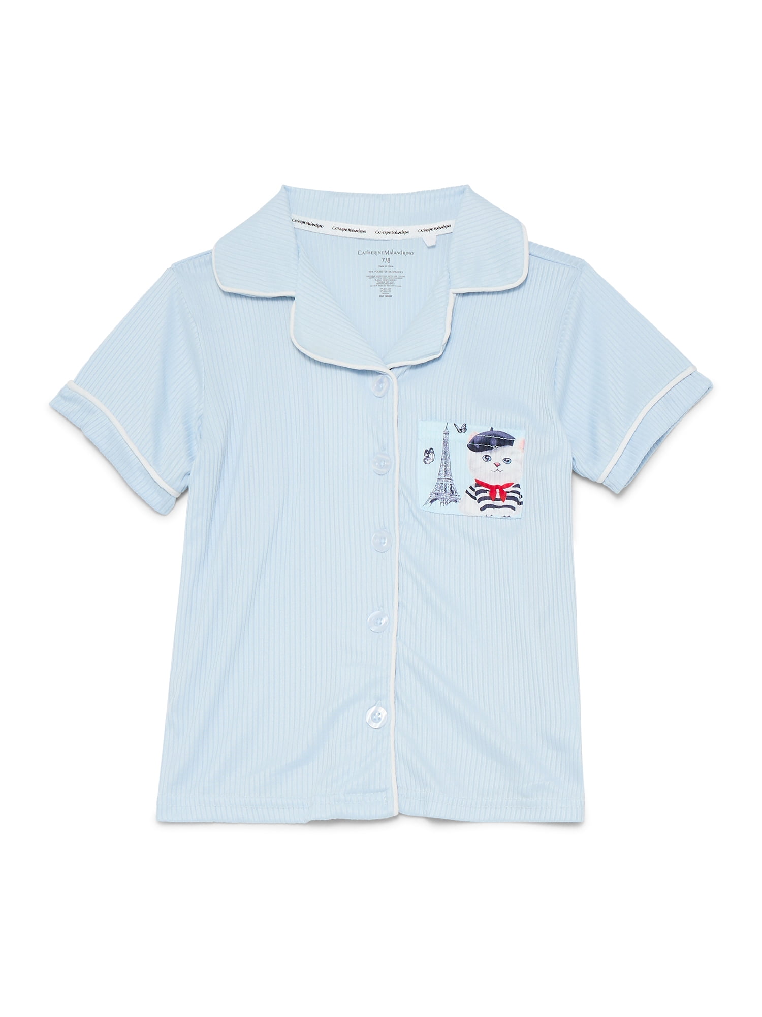 Catherne Malandrino Girls Ribbed Notch Collar Short Sleeve Top, Pants with Bonus Socks 3-Piece Pajama Set, Sizes 5-16