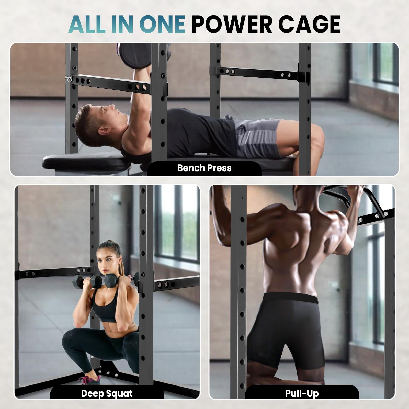 Tanfengu,1200 LBS Commercial-Grade Power Cage with Adjustable J-Hooks & Safety Bars, Multi-Function Squat Rack, for Home Gym, Weight Training, Bodybuilding