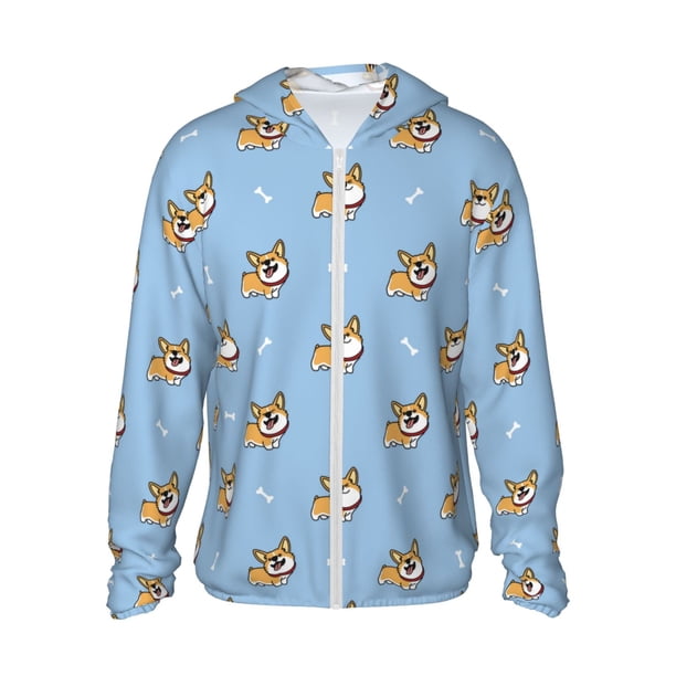 Fotbe Cute Cartoon Corgi Chaqueta con Protección Solar UPF 50+ para Hombre y Mujer, Camisa con Capucha y Bolsillos-Medium