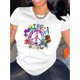 thumbnail image 1 of Women'S Casual Crew Neck T-Shirt, Polyester Knit Fabric with Medium Stretch, Animal Pattern, Short Sleeve Tee with Vibrant Peace Sign & Floral Design, for All Season Comfort Fit Top, 1 of 6