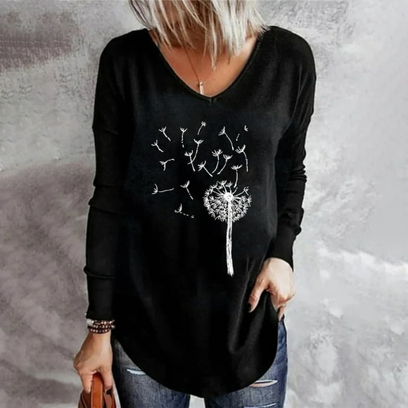 EQWLJWE Long Sleeve Shirts for Women Pack Women's Casual Fashion Creative Printing V Neck Long Sleeved Tops Blouse Fall Clothes for Women